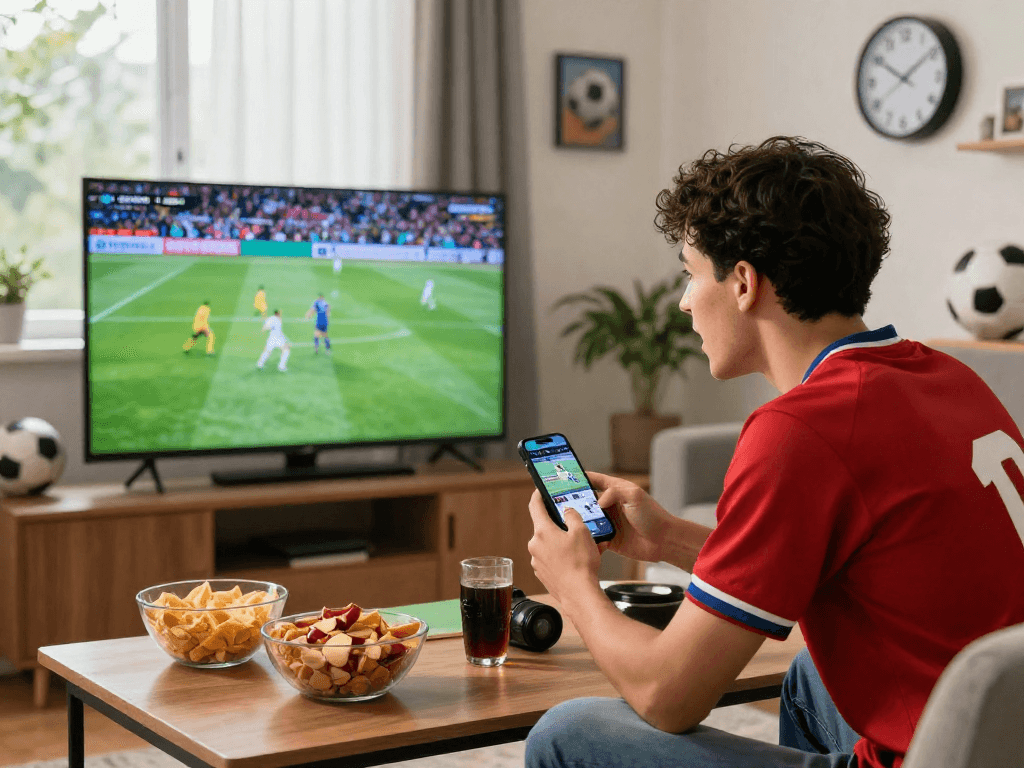 Exciting football fan engaging with live matches on rakhoitv.network in a cozy home setting.